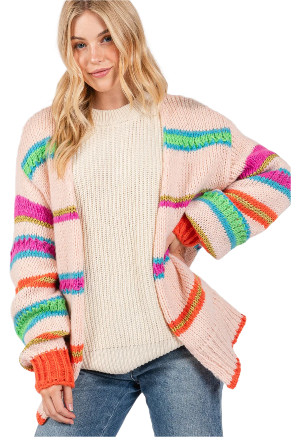SAGE + FIG Rainbow Striped Open Front Knit Cardigan