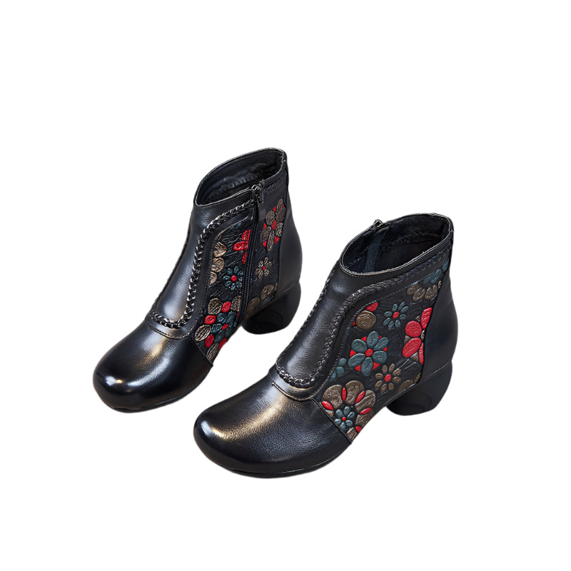 Floral Print Cowhide Waterproof Ankle Boots