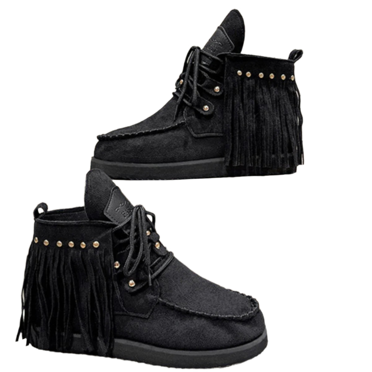 Fringe Studded Round Toe Canvas Boots