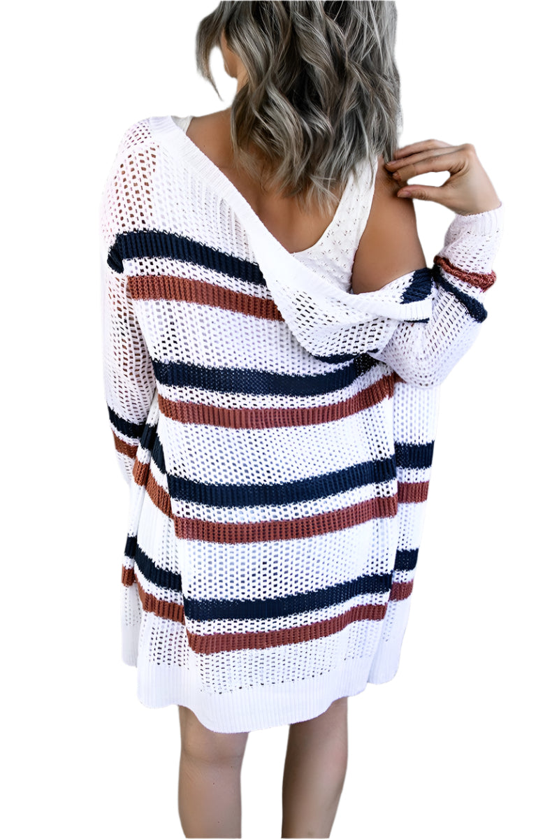 Contrast Openwork Open Front Long Sleeve Cardigan