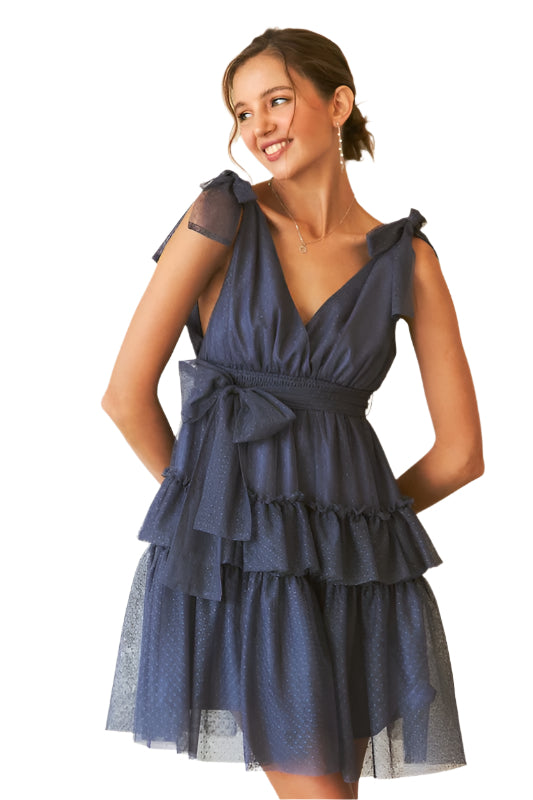 ADORA Tie Shoulder Polka Dot Mesh Dress