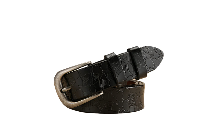 Floral Design Embossed Cowhide Leather Belt