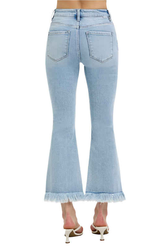 RISEN Full Size Raw Hem Distressed Cropped Flare Jeans Plus Size