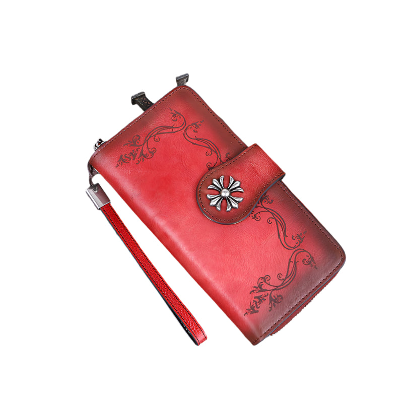 Hand-Polished Cowhide Leather Flower Buckle Wallet