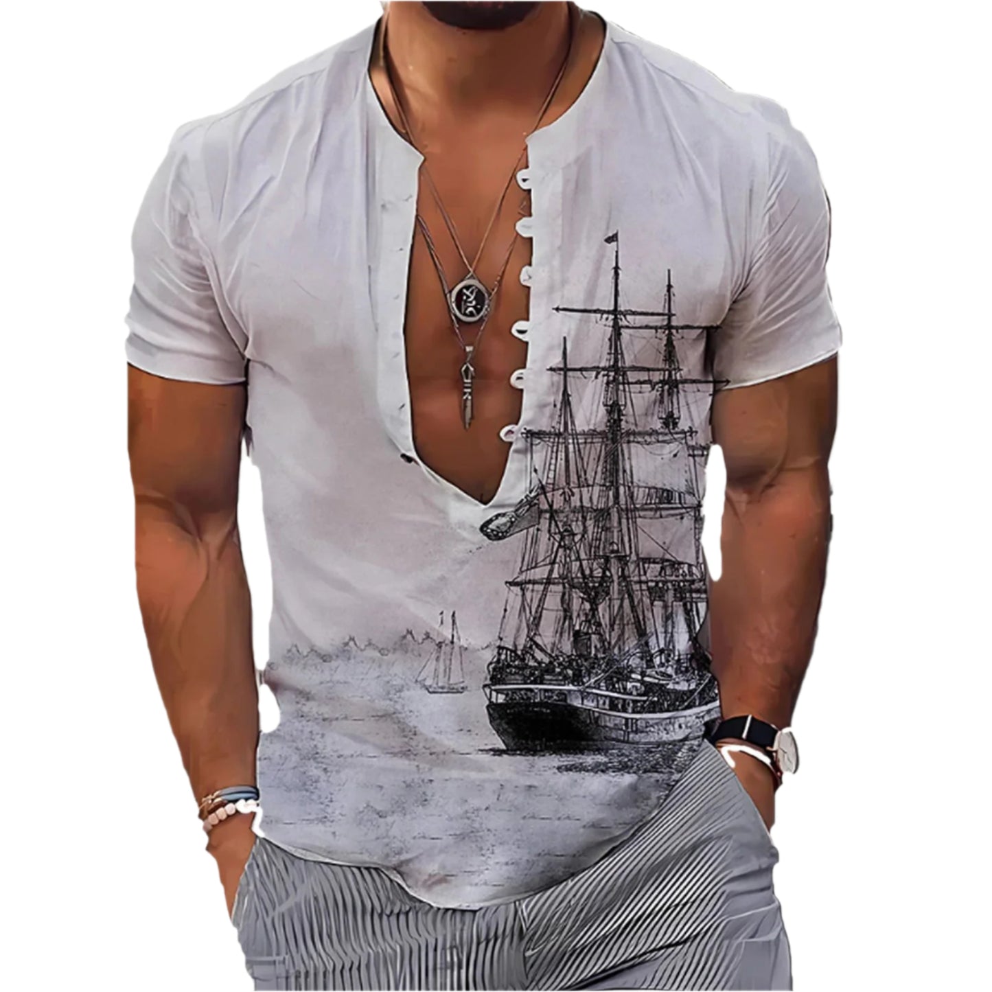 Men's 3D Vintage Print Long Ship Collard Long Sleeve Button Down Shirt