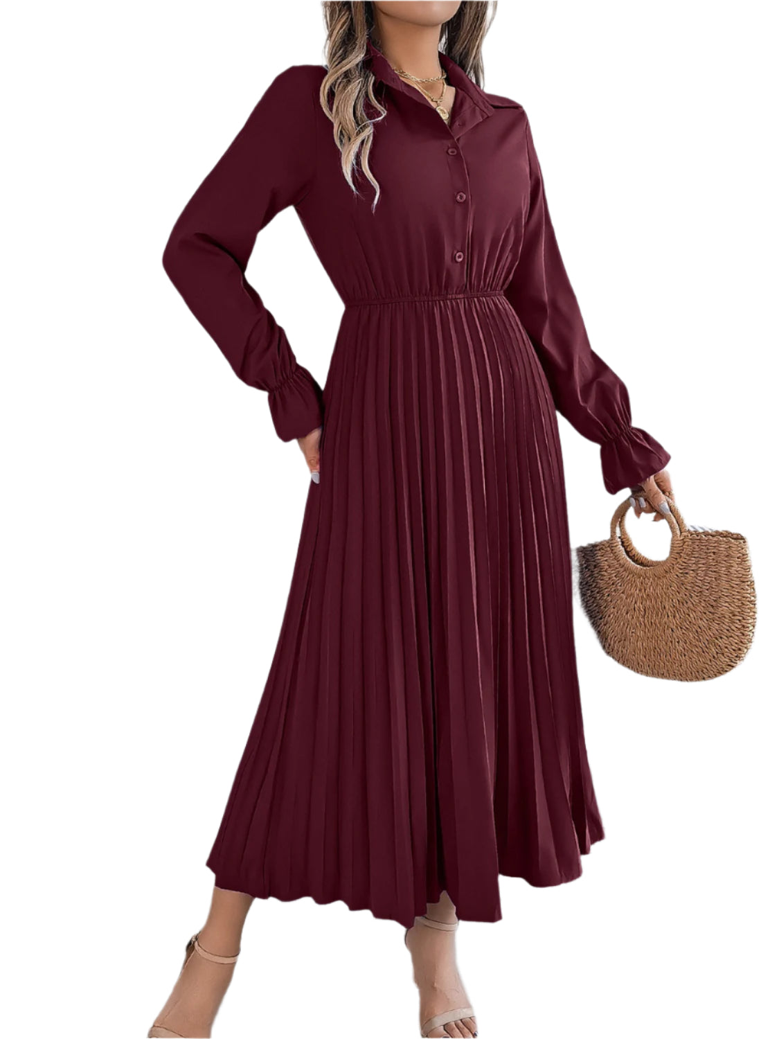 Pleated Half Button Long Sleeve Midi Dress