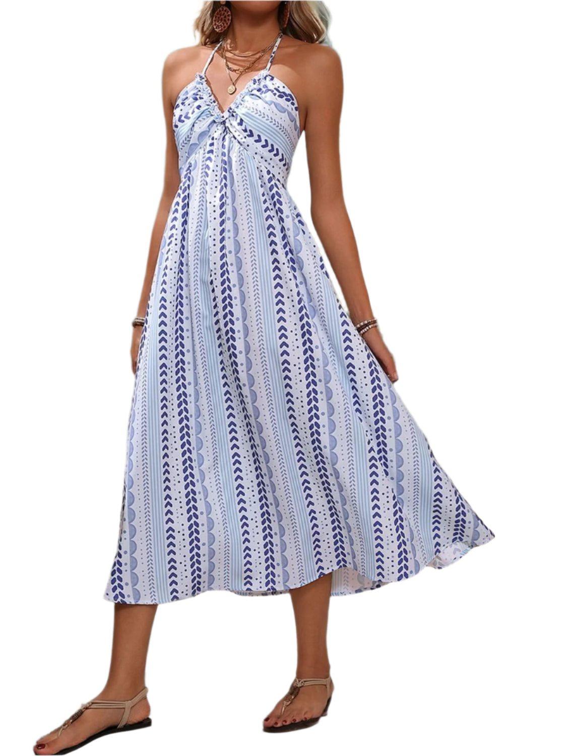 Perfee Tied Printed Halter Neck Midi Dress