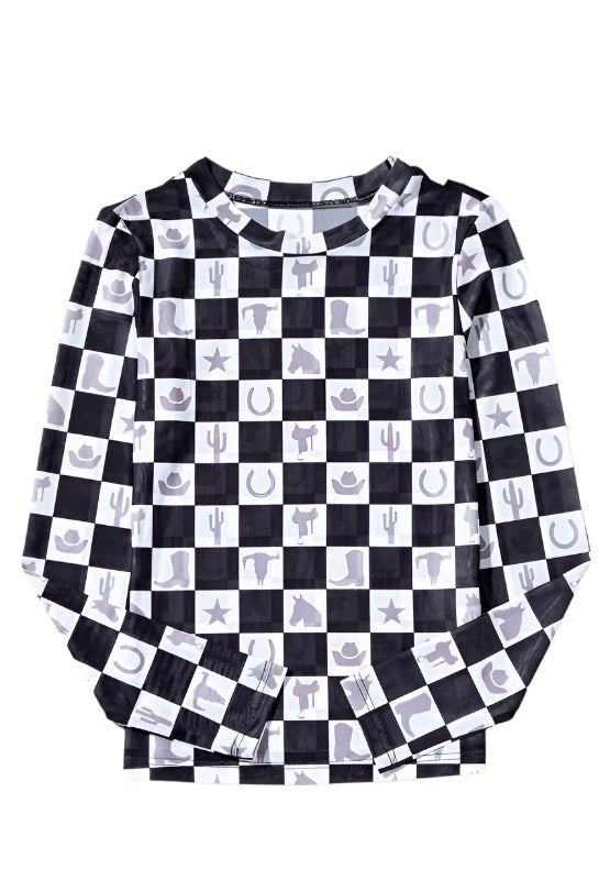 Checkered Mock Neck Long Sleeve Top