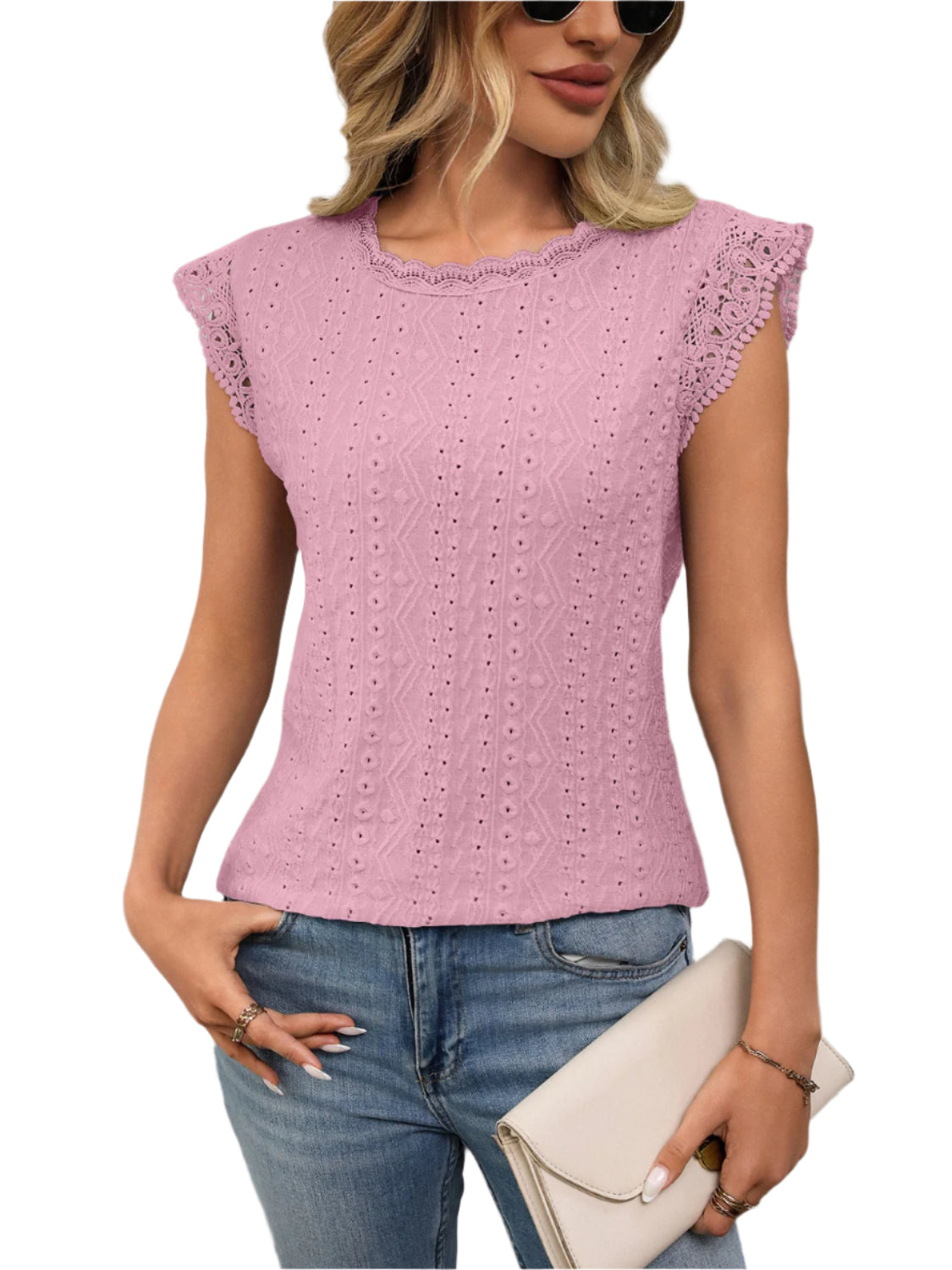Lace Detail Round Neck Cap Sleeve Top