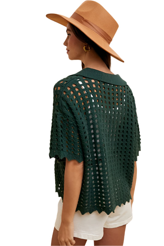Annie Wear Openwork Johnny Collar Knit Cover Up