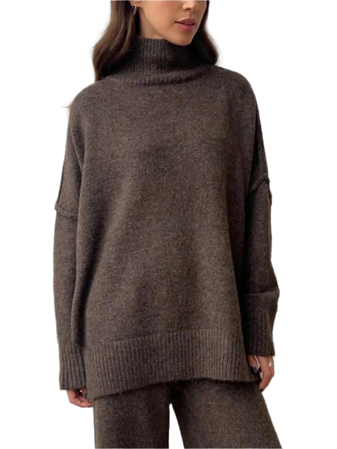 Slit Turtleneck Long Sleeve Top and Pants Sweater Set