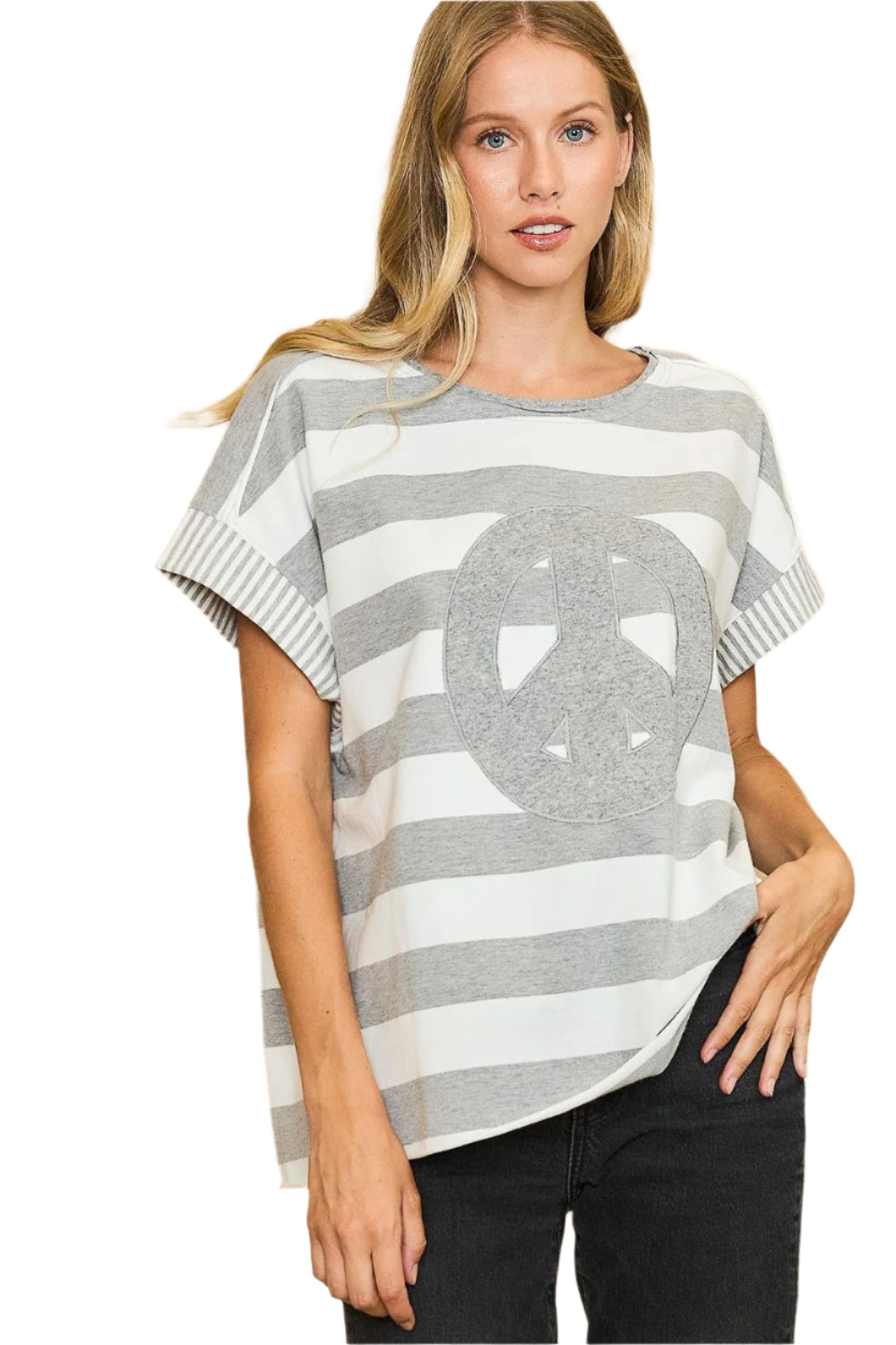 Umgee Peace Sign Patch Striped French Terry T-Shirt