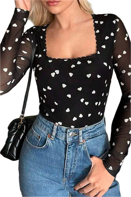 Heart Square Neck Long Sleeve Bodysuit