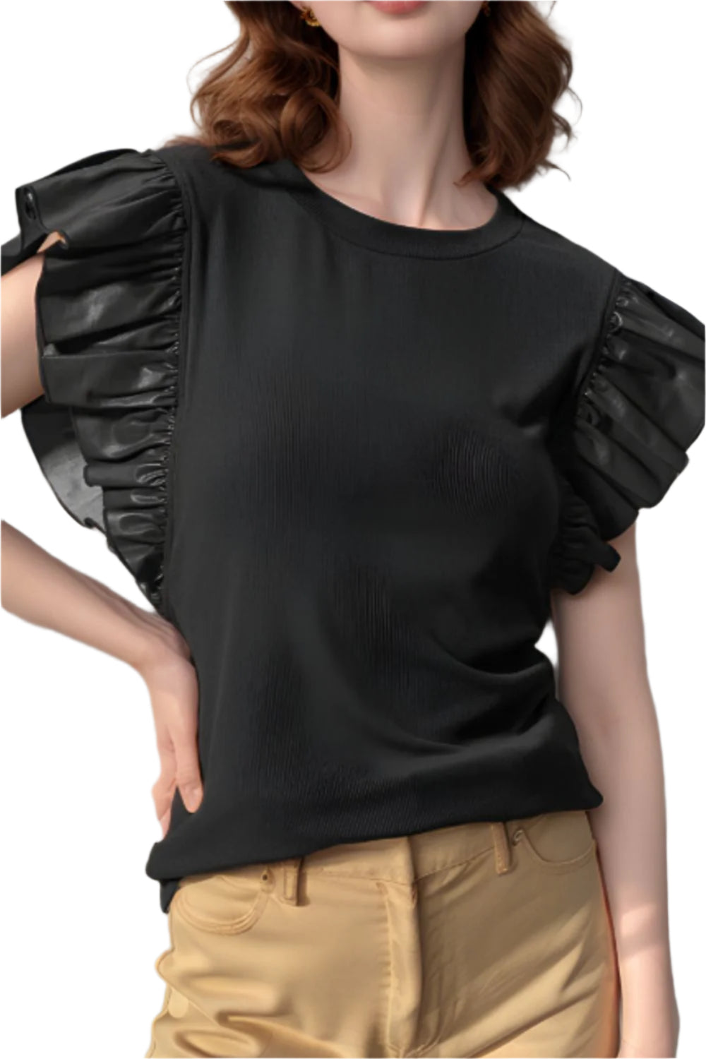 Ruffled Round Neck Cap Sleeve Blouse