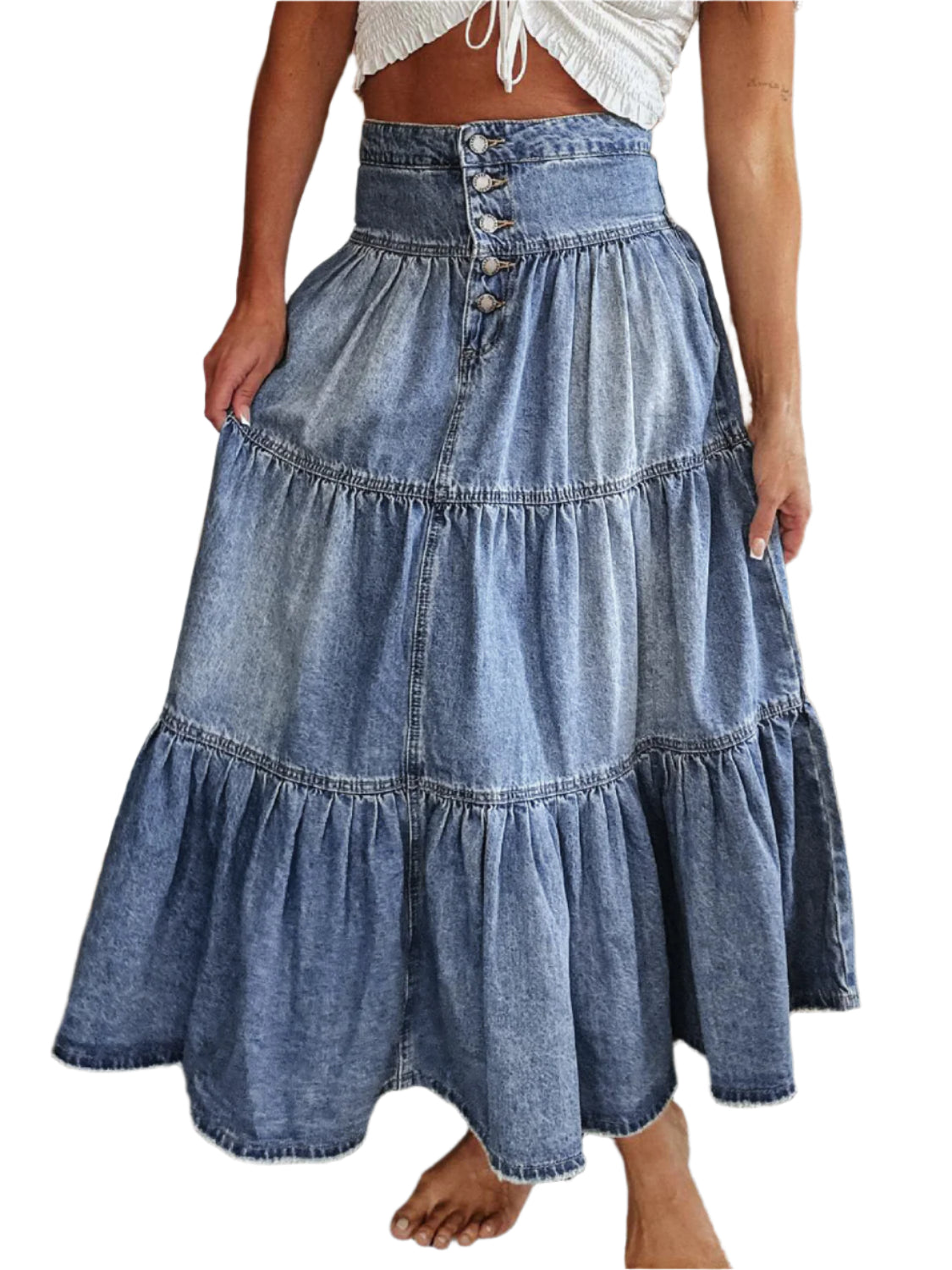Tiered Button-Fly Denim Skirt