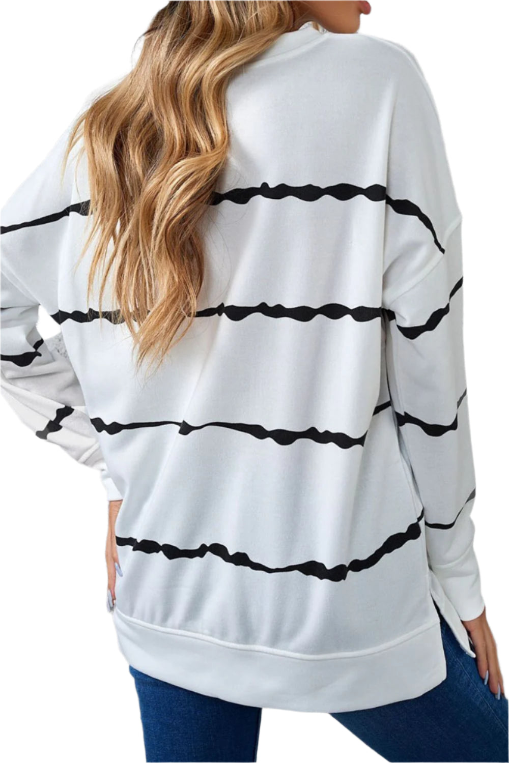 Slit Contrast Striped Round Neck Long Sleeve T-Shirt