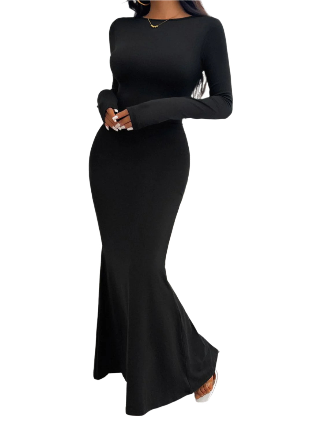 Devine Backless Round Neck Long Sleeve Maxi Dress