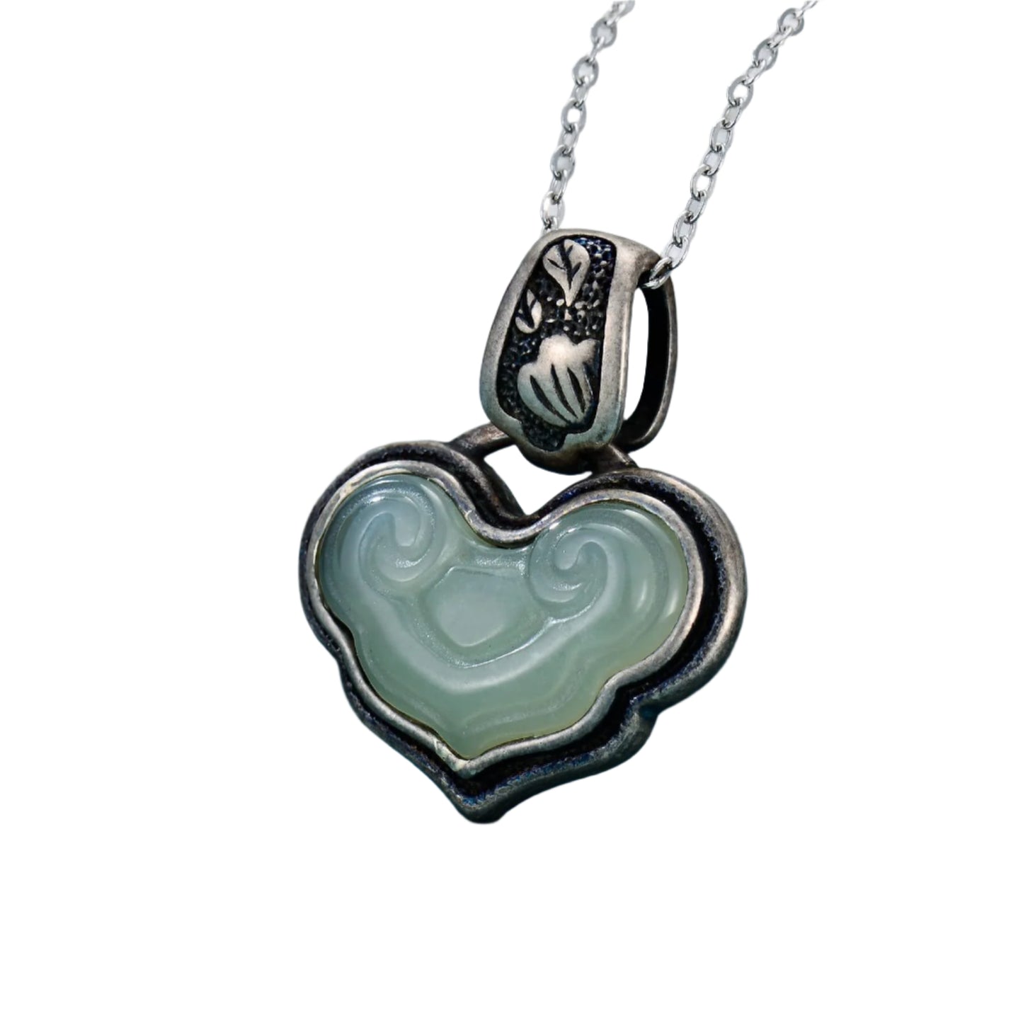Carved Jade Crystal Inlaid Heart Pendant 925 Sterling Silver Necklace