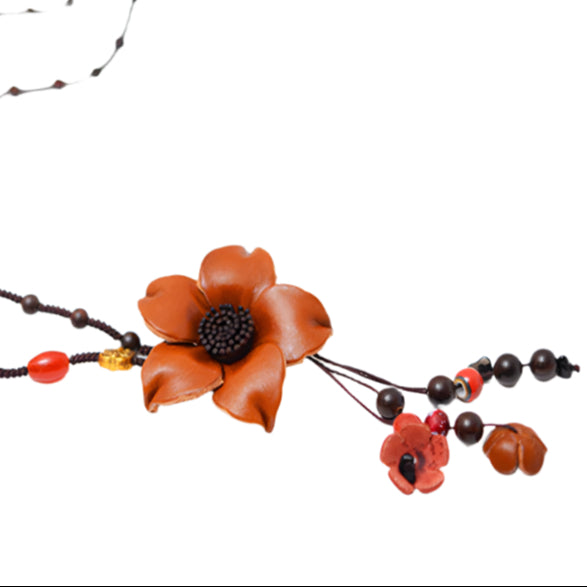 Sweater Beaded Chain Cowhide Leather Flower Pendant Necklace