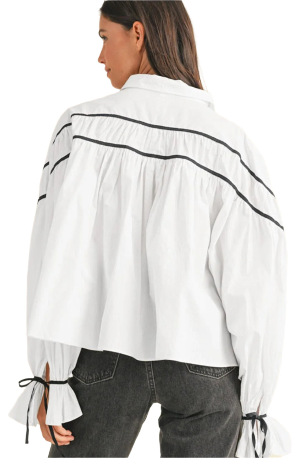 Ribbon Bowtie Collared Neck Flounce Sleeve Shirt