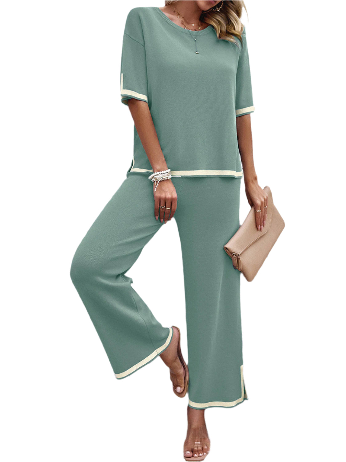 Devine Contrast Trim Round Neck Top and Pants Set