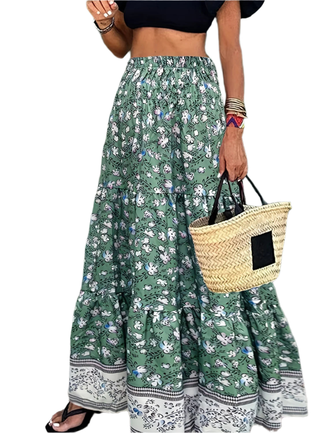 Full Size Tiered Printed Elastic Waist Skirt