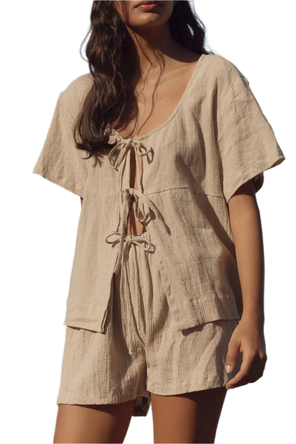 Plaid Tied Scoop Neck Short Sleeve Top and Drawstring Shorts Set