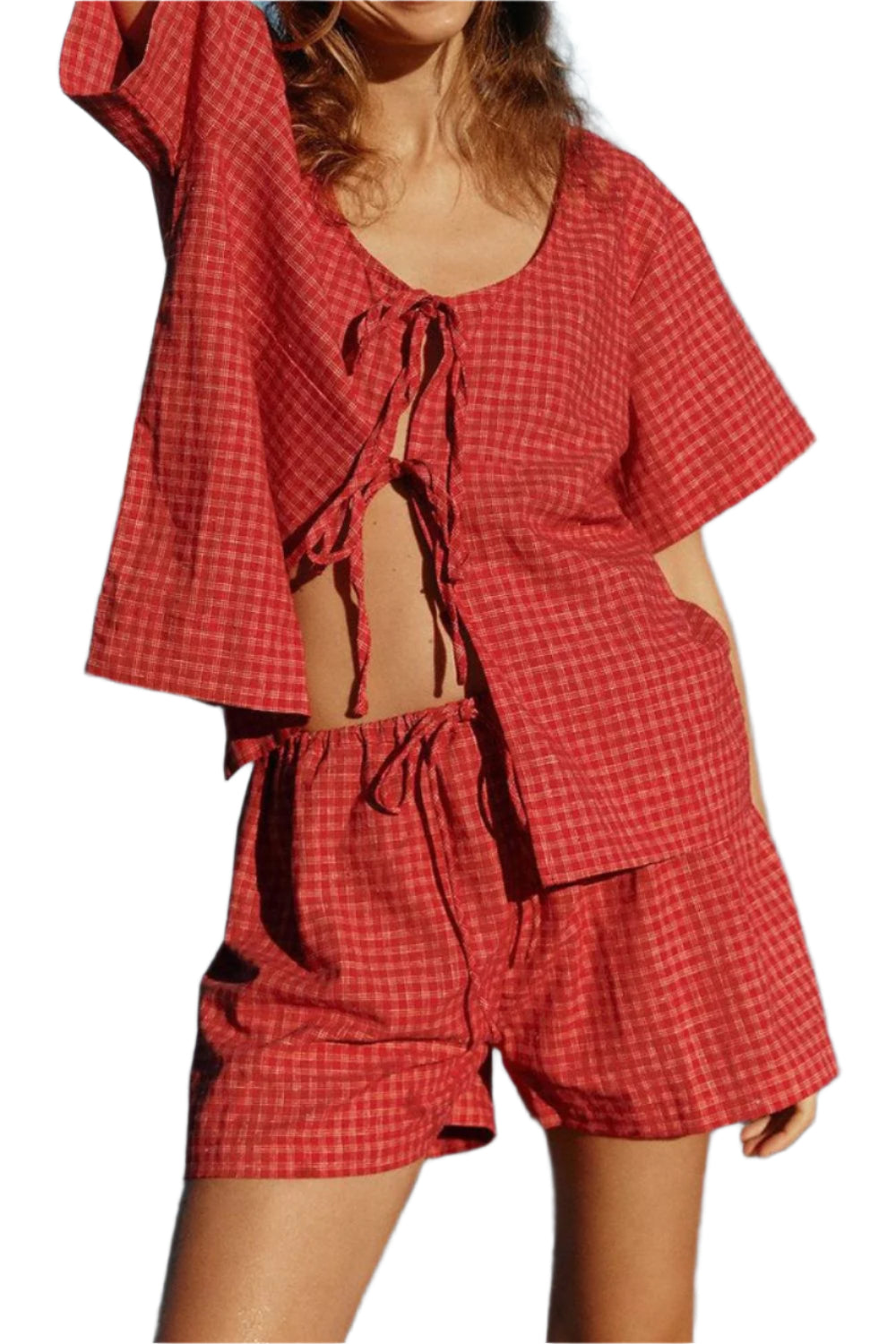 Plaid Tied Scoop Neck Short Sleeve Top and Drawstring Shorts Set