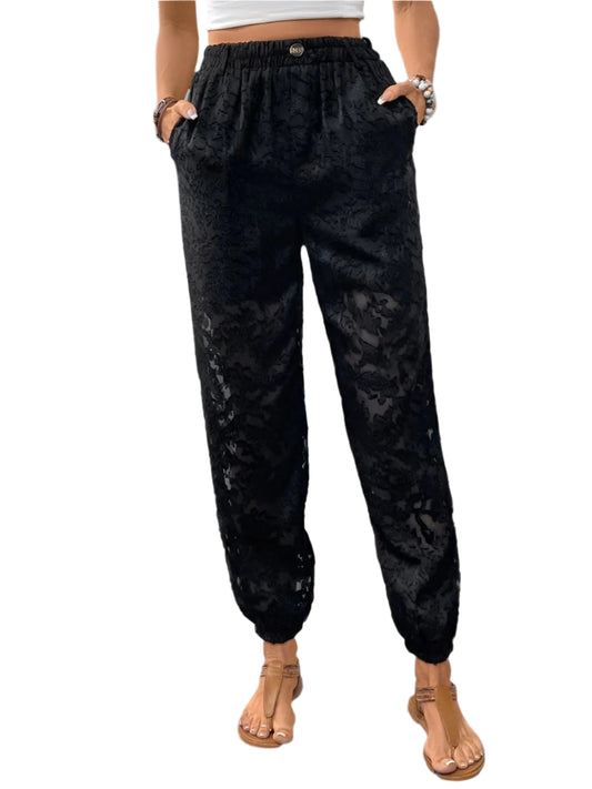 Perfee Pocketed Lace Elastic Waist Pants