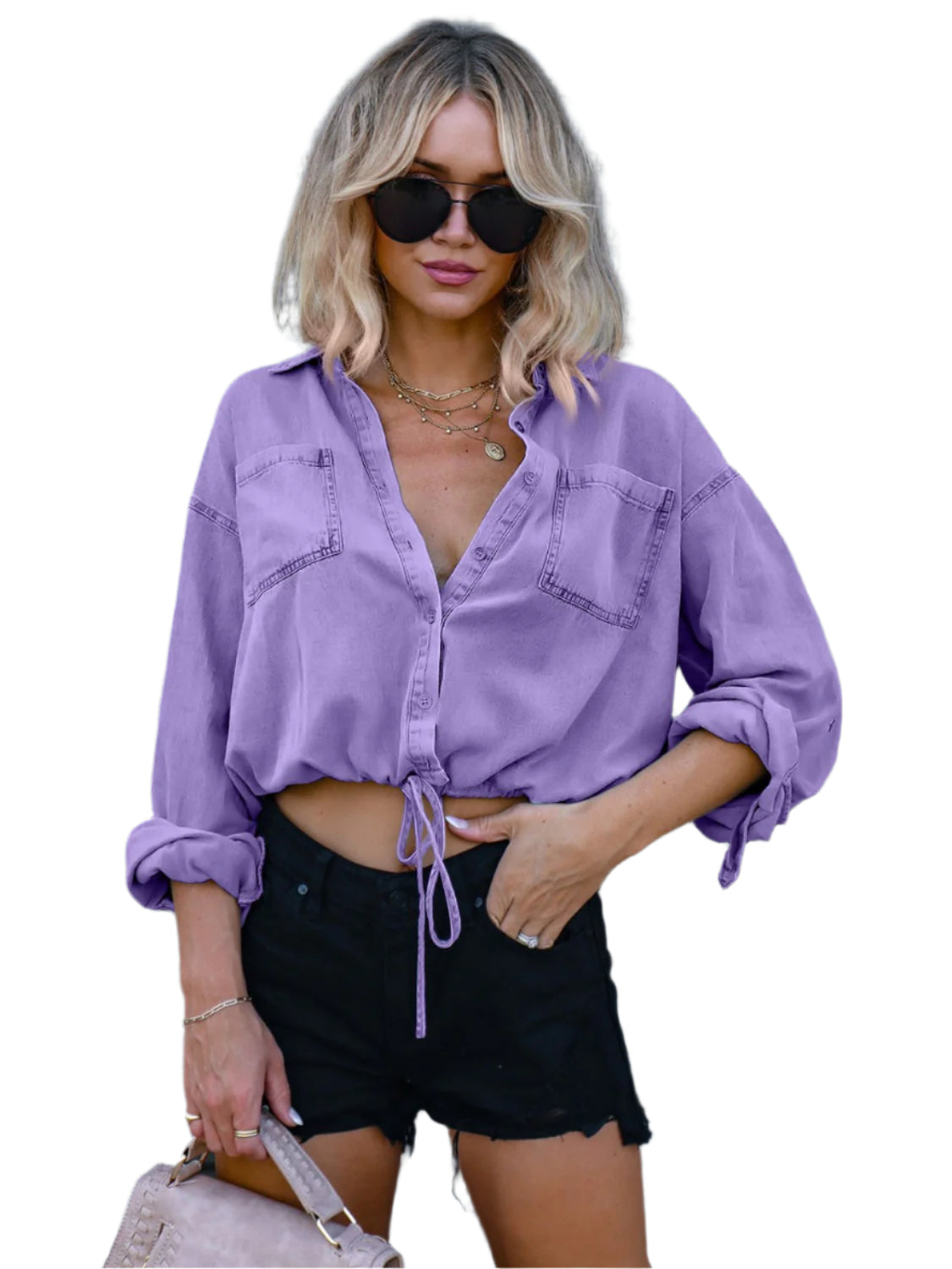 Drawstring Pocketed Button Up Denim Top