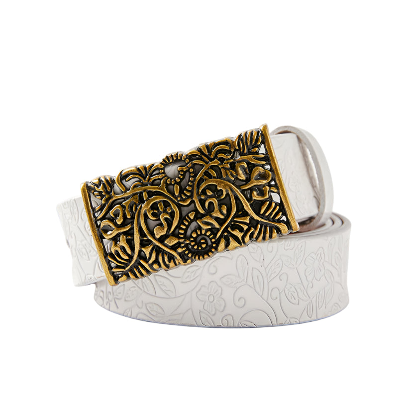 Cowhide Leather Belt with Floral Motif Buckle