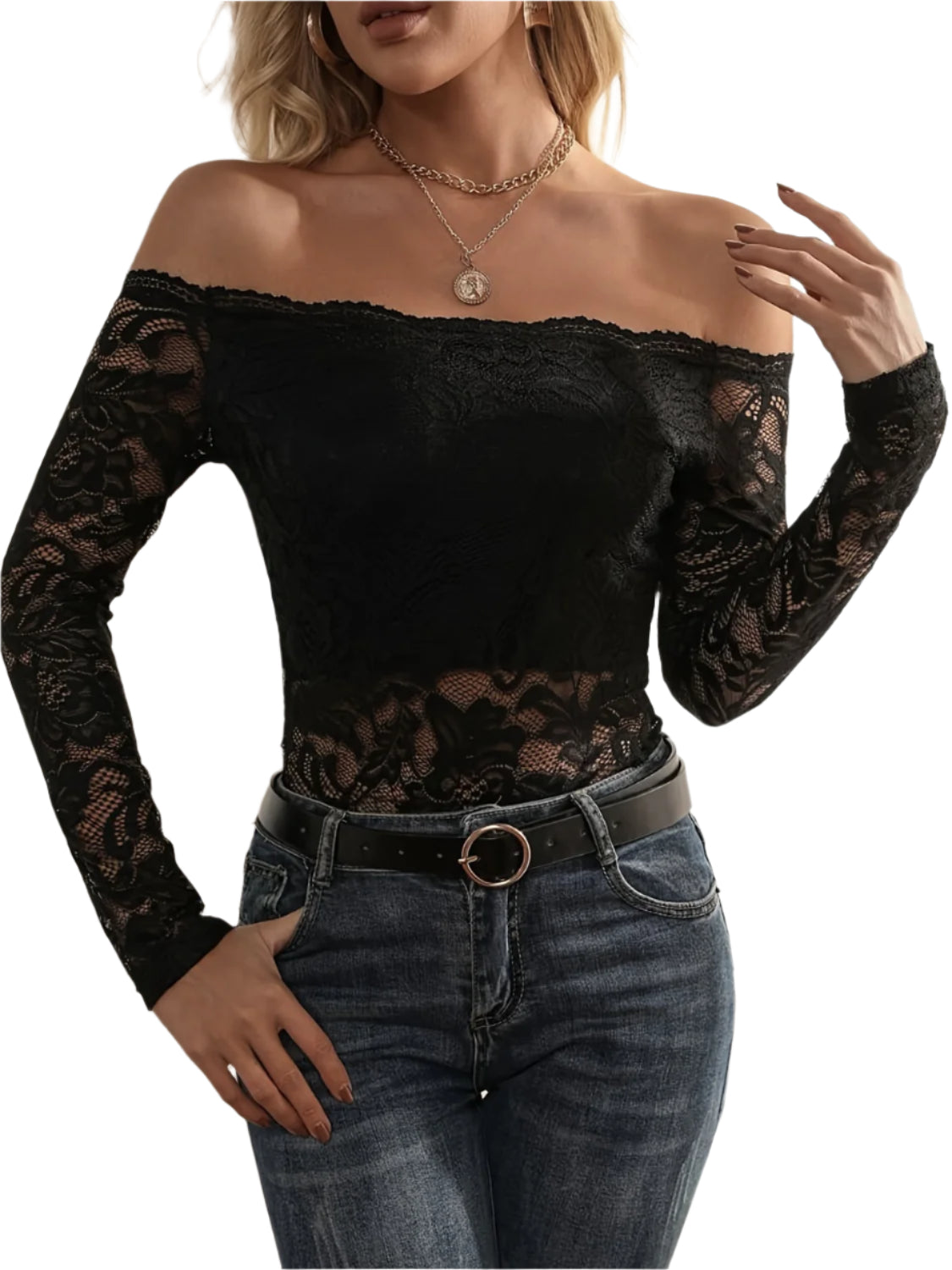 Off-Shoulder Long Sleeve Lace Top