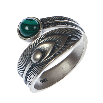 925 Sterling Silver Peacock Feather Rings Featuring Jade or Malachite Crystal