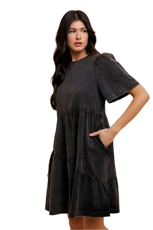 Annie Wear Mineral Washed Round Neck Short Sleeve Denim Dress