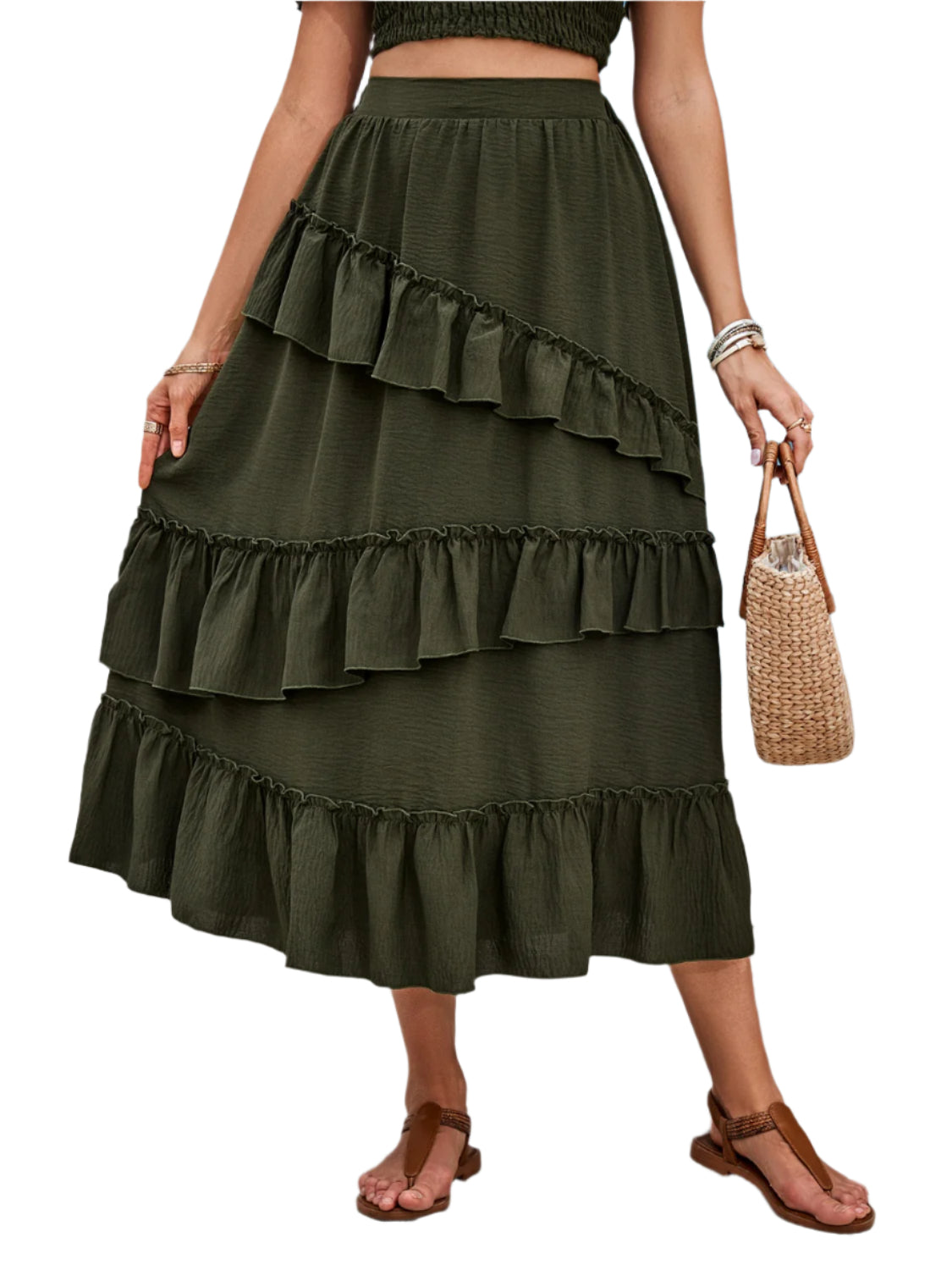 Honey Ruffled Elastic Waist Midi Skirt