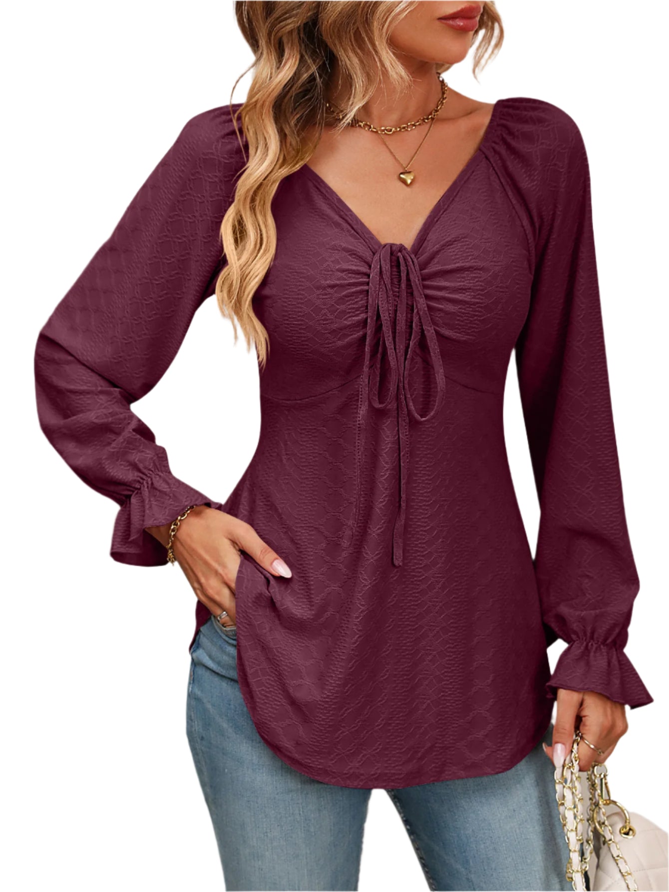 Mandy Tie Front V-Neck Puff Sleeve Blouse