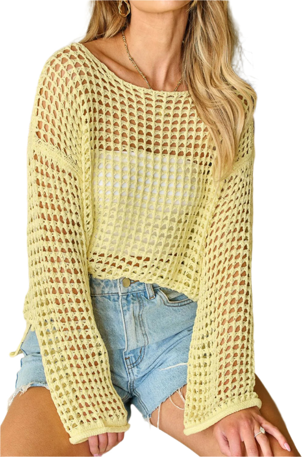 Openwork Round Neck Dropped Shoulder Knit Cover Up
