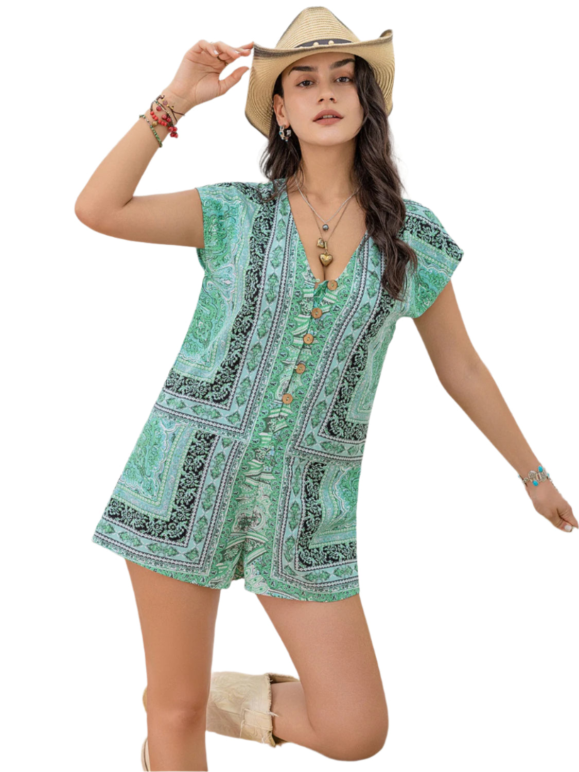Printed V-Neck Cap Sleeve Romper