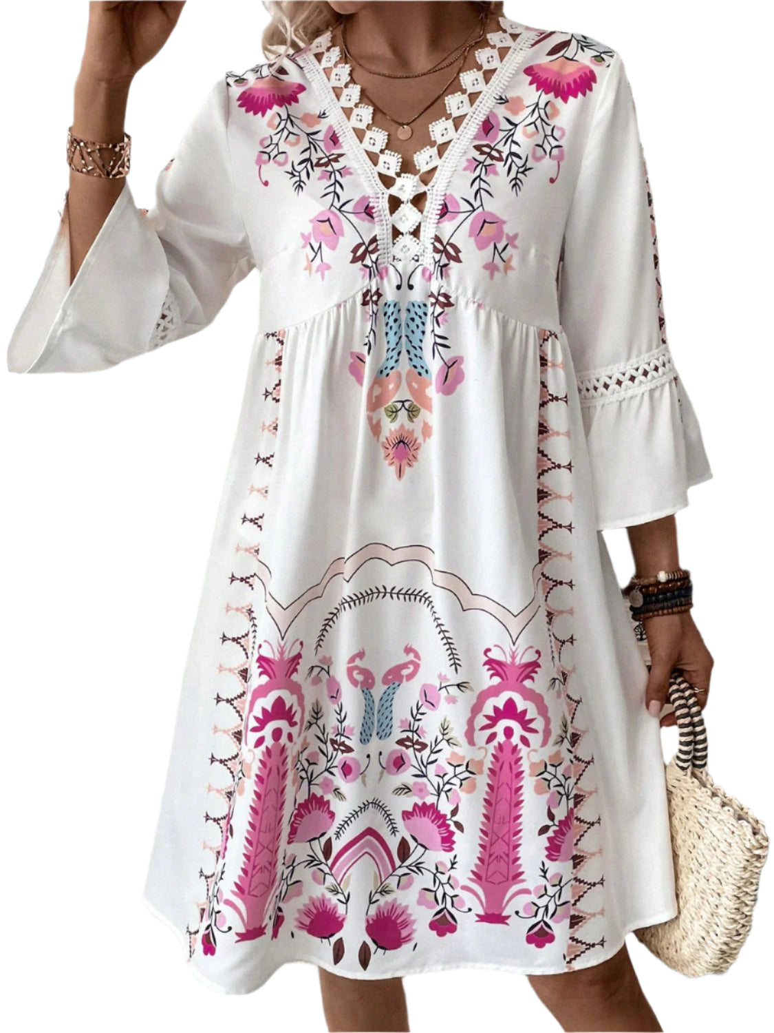 Lace Detail Printed Three-Quarter Sleeve Dress