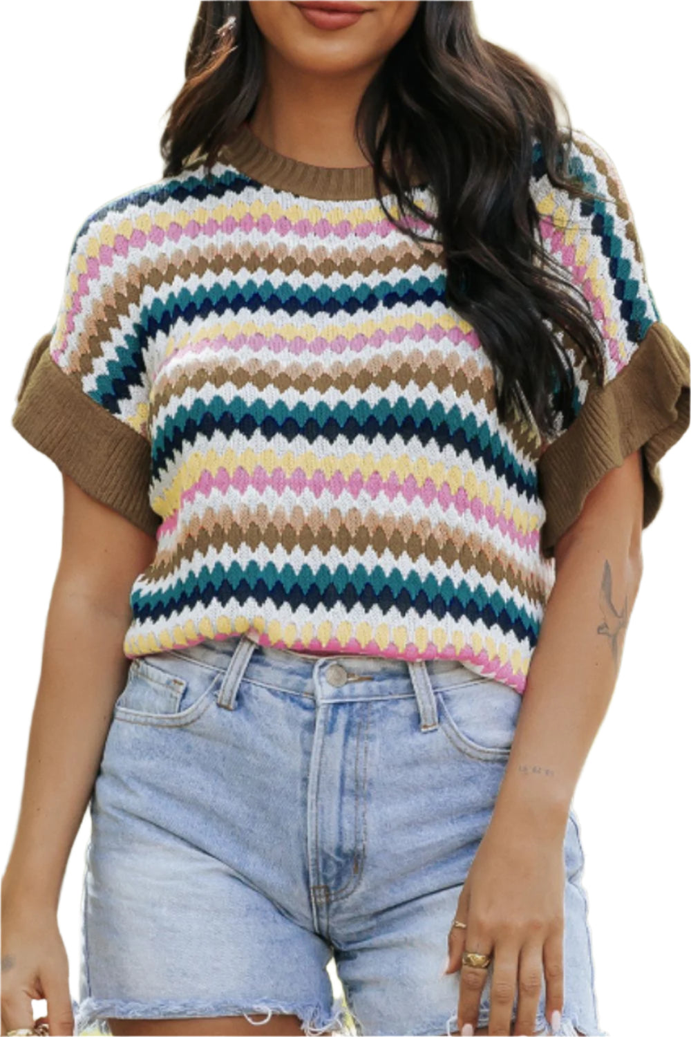 Contrast Round Neck Short Sleeve Sweater
