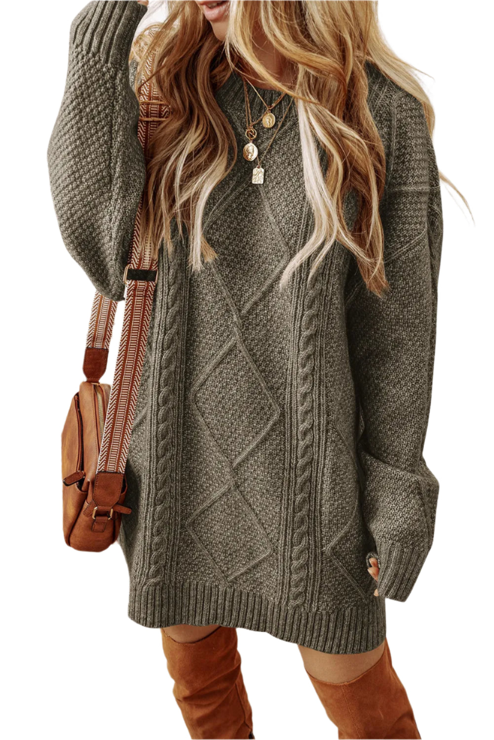 Cable-Knit Round Neck Sweater Dress