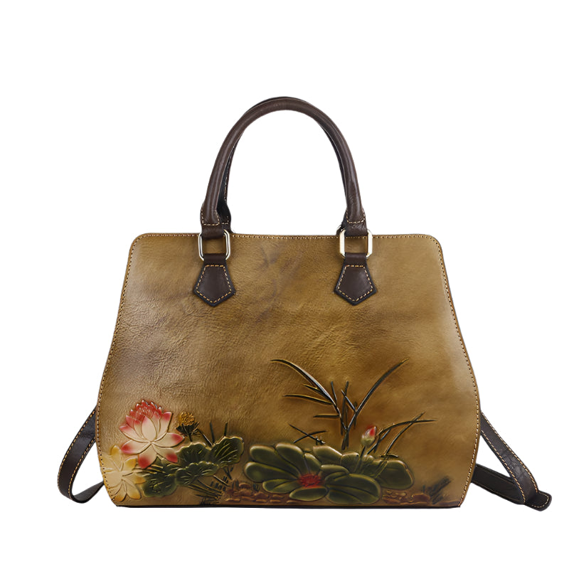 Cowhide Lotus Motif Handbag