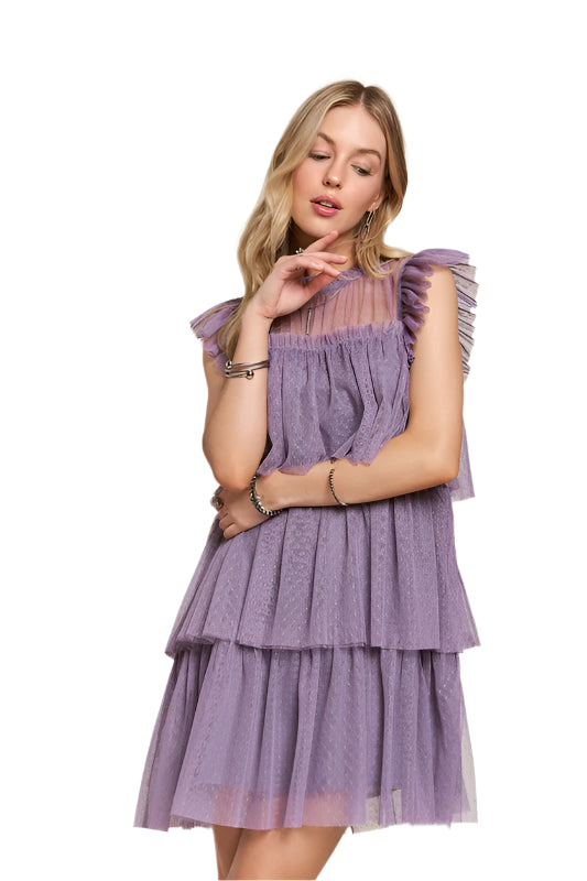 ADORA Layered Ruffled Cap Sleeve Mesh Dress