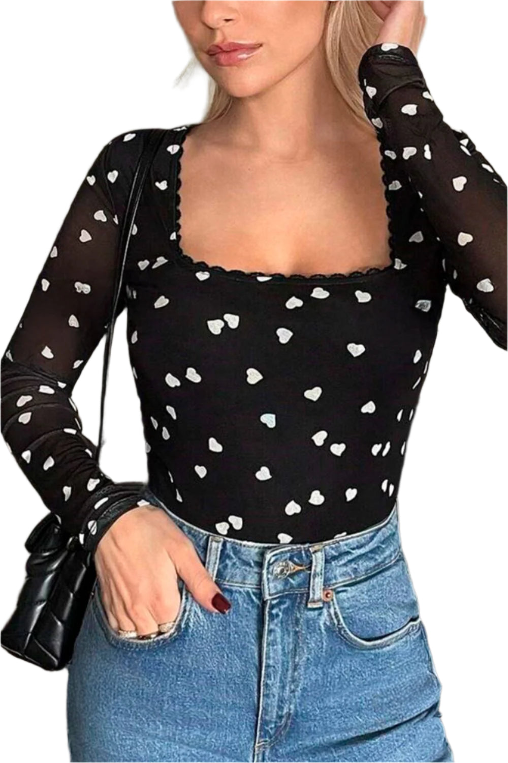 Heart Square Neck Long Sleeve Bodysuit
