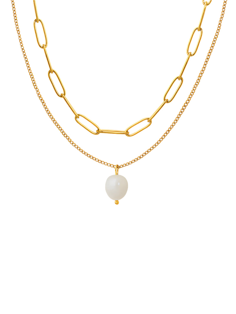 Freshwater Pearl Titanium Steel Double-Layered Necklace