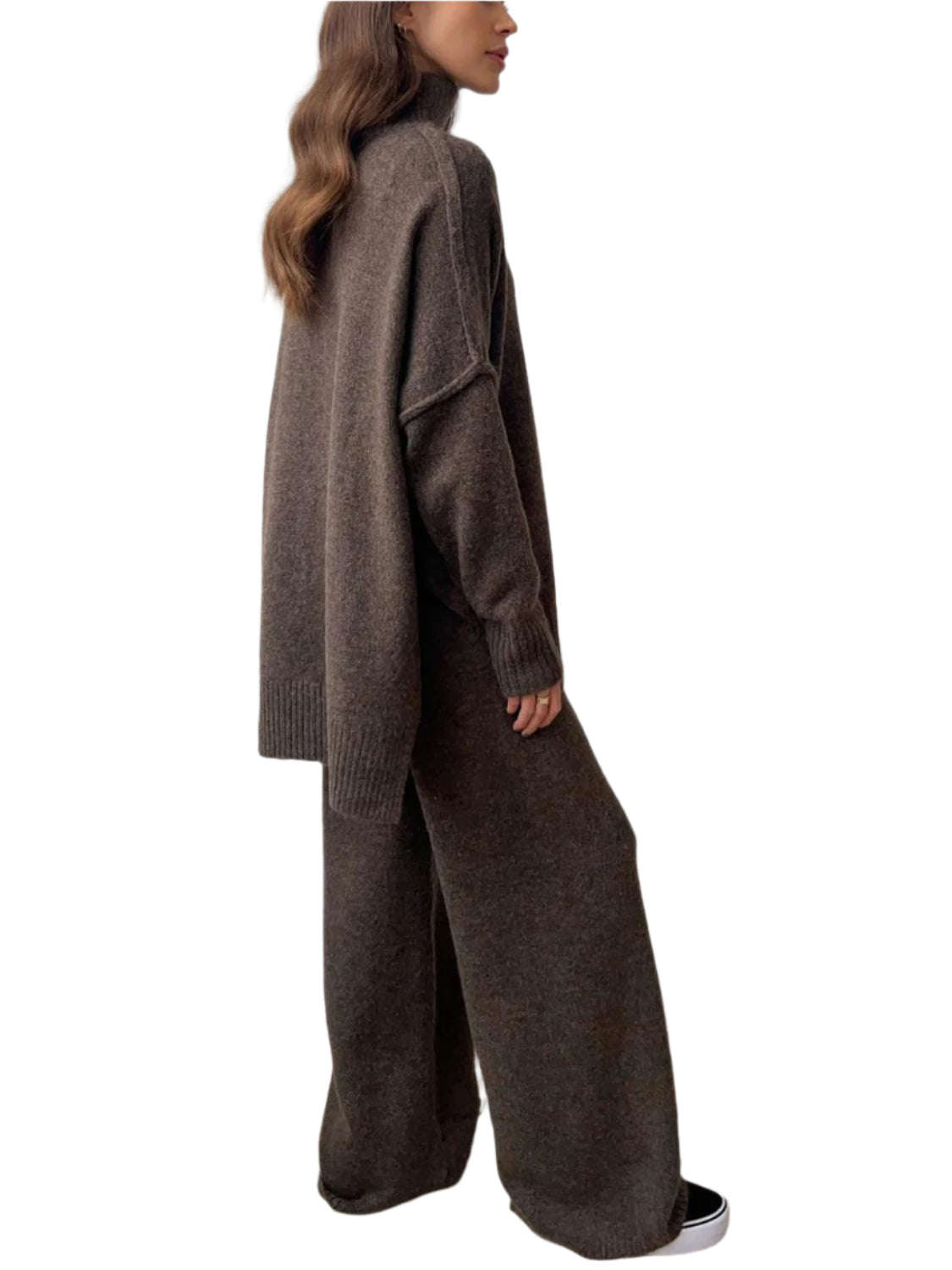 Slit Turtleneck Long Sleeve Top and Pants Sweater Set