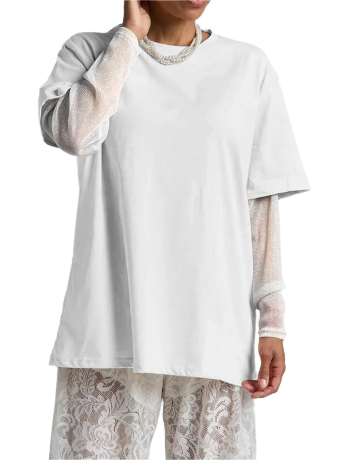Faux Layered Round Neck Mesh Sleeve Top