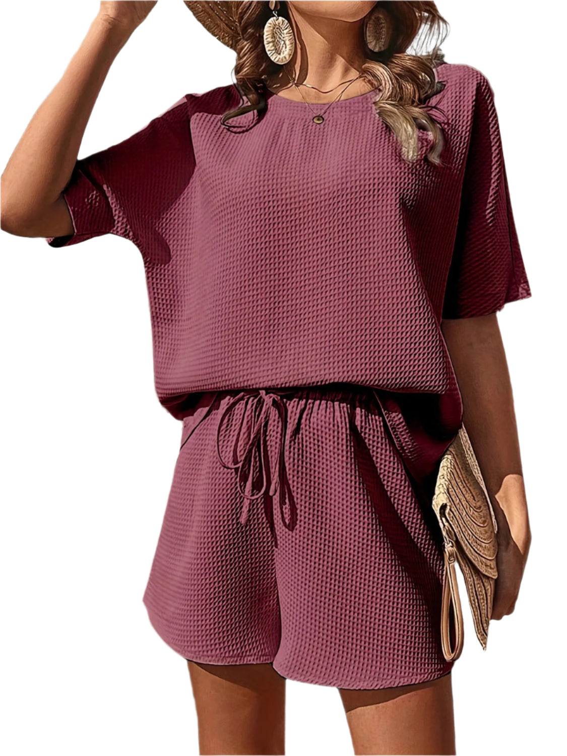 Waffle-Knit Half Sleeve Top and Shorts Set