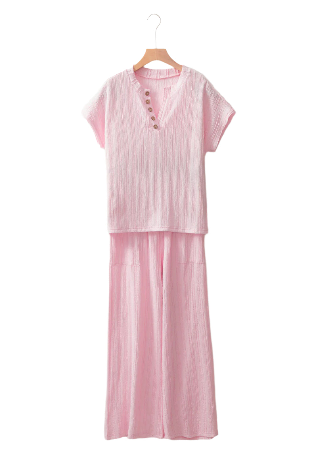 Textured Short Sleeve Top and Pocketed Wide Leg Pants