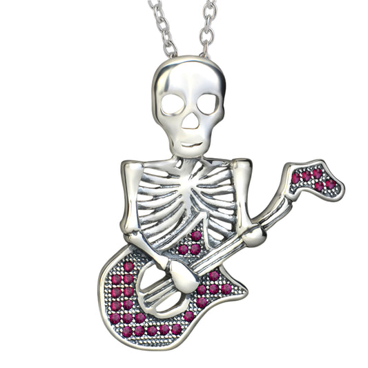 Skeleton Playing Guitar Pendant 925 Sterling Silver Necklace